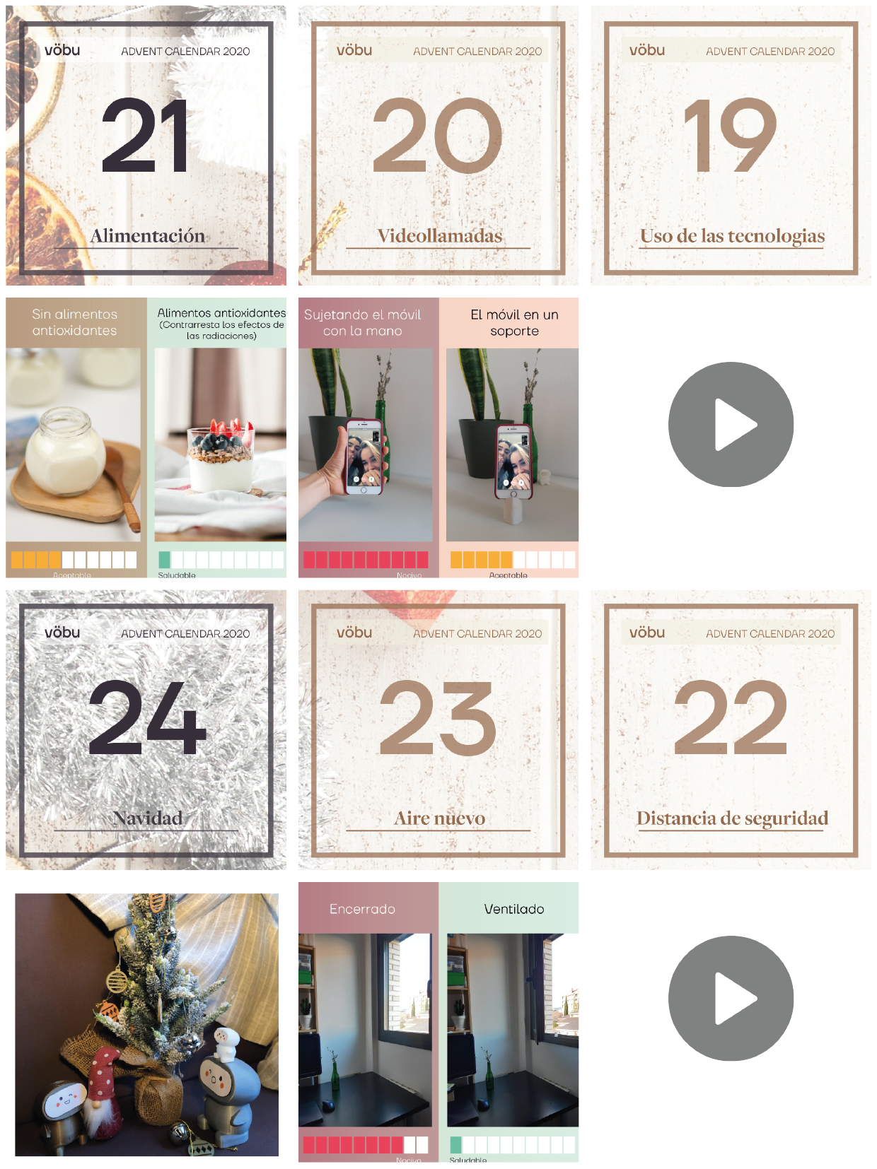 Calendario de Adviento del 2020 de vöbu. Dias 19 - 22 (Uso de las tecnologías, Videollamadas sujetando el móvil con la mano, alimentos antioxidantes, Distáncia de seguridad del móvil, Ventilado vs encerrado, Vobuvidad)